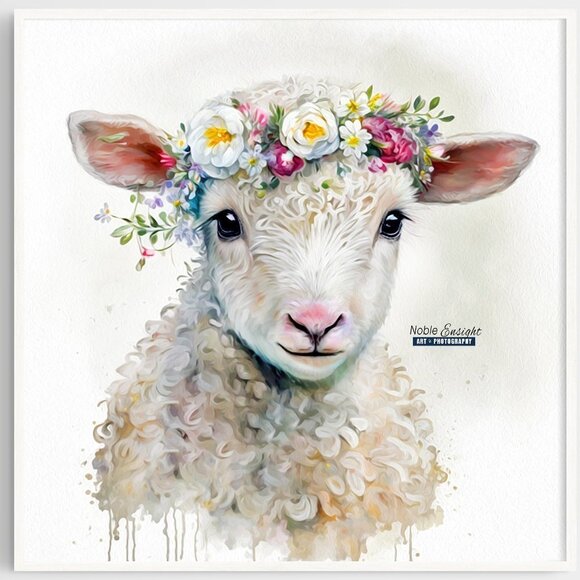 8x8 Baby Lamb Wearing Floral‎ Crown Portrait Watercolor Oil Painting Art Print - Picture 7 of 7